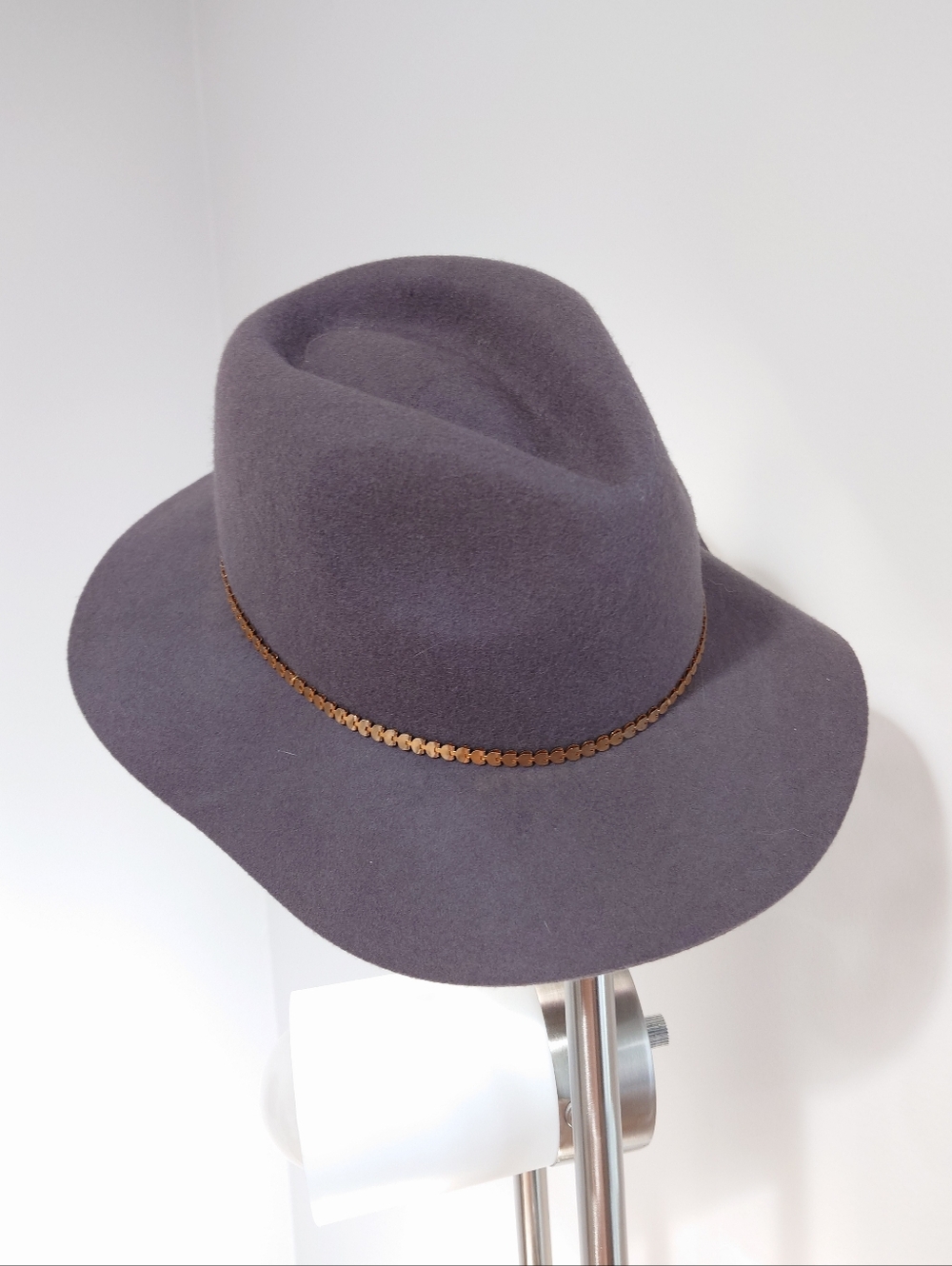 Gray 100% Wool Fedora Hat Wide Brim Gold Chain Band One Size